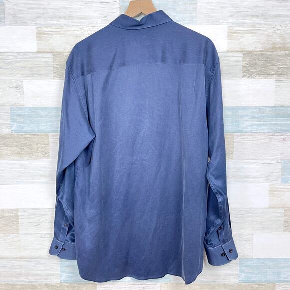 Tommy Bahama Silk Wool Sateen Shirt Blue Button Front Long Sleeve Mens Large - Picture 3 of 6
